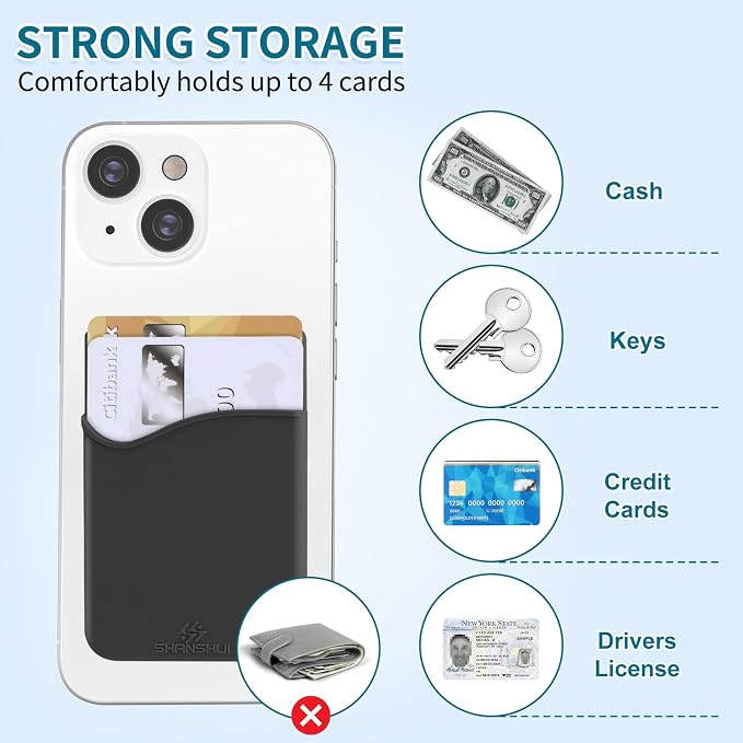 SHANSHUI Phone Card Holder, Phone Wallet Stick On Credit Card Holder Pocket Compatible for iPhone Android and Most Smartphones (Black White Grey / 6pcs)