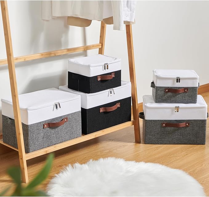 2 Pack Storage Boxes with Zipper Lid Cotton Linen Fabric Lidded Storage Bins Baskets Foldable Washable Closet Shelf Clothes Organizer Container Faux Leather Handles (Black White, Small)