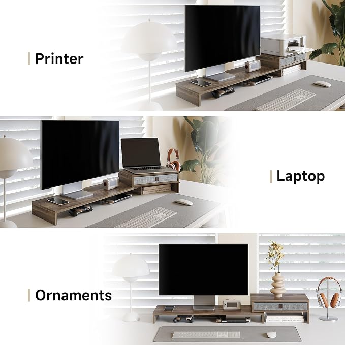 Fenge Triple Monitor Stand with Srorage Drawer, Adjustable Length and Angle | Computer Monitor Riser for 2 or 3 Monitors, Wooden Desktop Laptop Stand, Office Organizer for PC, Screen, Tablet, Brown