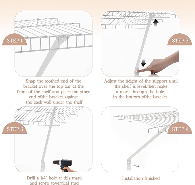 6 Pcs Support Brackets for 16in Wide Shelving Wire Wire Shelf Brackets Closet Rod Bracket Closet Support Bracket with Anchors and Pins for Installation Wires Shelving Supports Closets