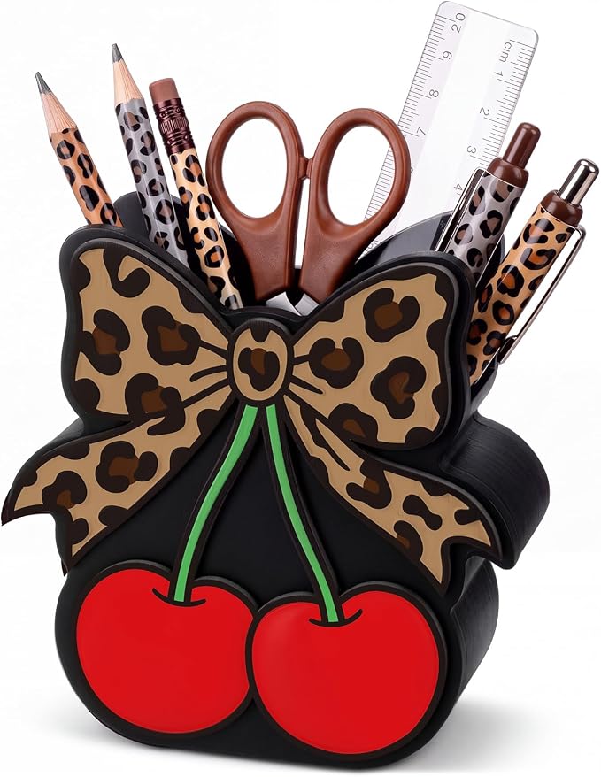Tenceur Cherry Leopard Bow Pencil Holder for Desk Large Capacity Bow Wood Pen Holder Coquette Desk Organizer Cute Teacher Office Decor Makeup Brush School Supplies Back to School Gift for Girls Women