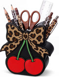 Tenceur Cherry Leopard Bow Pencil Holder for Desk Large Capacity Bow Wood Pen Holder Coquette Desk Organizer Cute Teacher Office Decor Makeup Brush School Supplies Back to School Gift for Girls Women