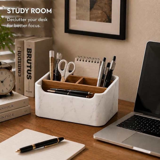 Remote Control Holder, Desk Organizer with Removable Dividers,White | 5-compartment resin and wood organizer holds remotes, pens, glasses, and media devices for desk, coffee table, or nightstand.