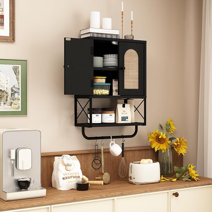 RUSTOWN Rattan Bathroom Wall Cabinet, Boho Over The Toilet Storage Cabinet | Arched Rattan Doors, Modern Medicine Cabinet, Adjustable Shelves, Towel Bar, Black
