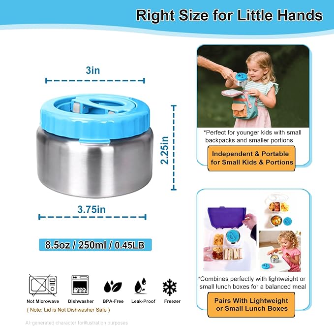Vacuum Insulated Food Container for Hot & Cold Food, Kids Easy to Open No Twisting Lid, BPA-free，Leak Proof (blue)