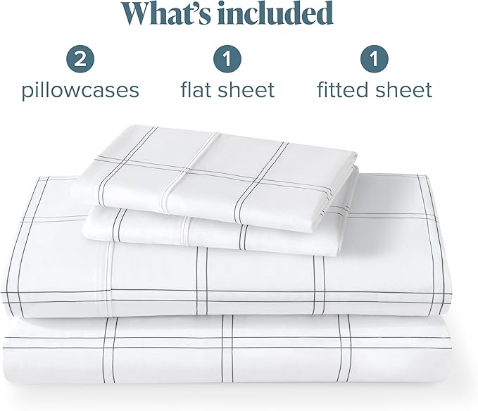 Bare Home California King Sheet Set - Luxury 1800 Ultra- Soft Double Brushed Microfiber - Deep Pockets - Easy Fit - 4 Piece Bedding Sheet Set (California King, Modern Plaid - White/Grey)
