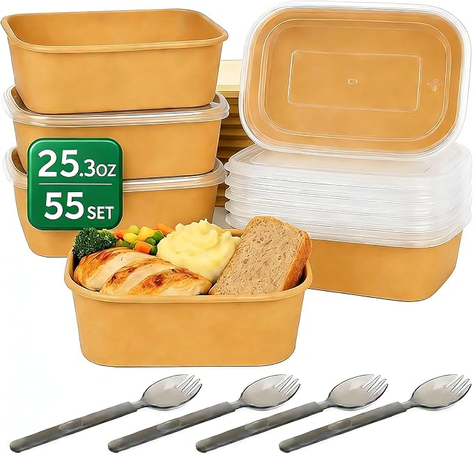 55Pcs 25.3oz Disposable Paper Bowls with Lids Meal Prep Containers | Disposable Kraft Paper Containers, Leak-Proof Microwave & Freezer Safe, for Takeout, Meal Prep, Lunch, Party