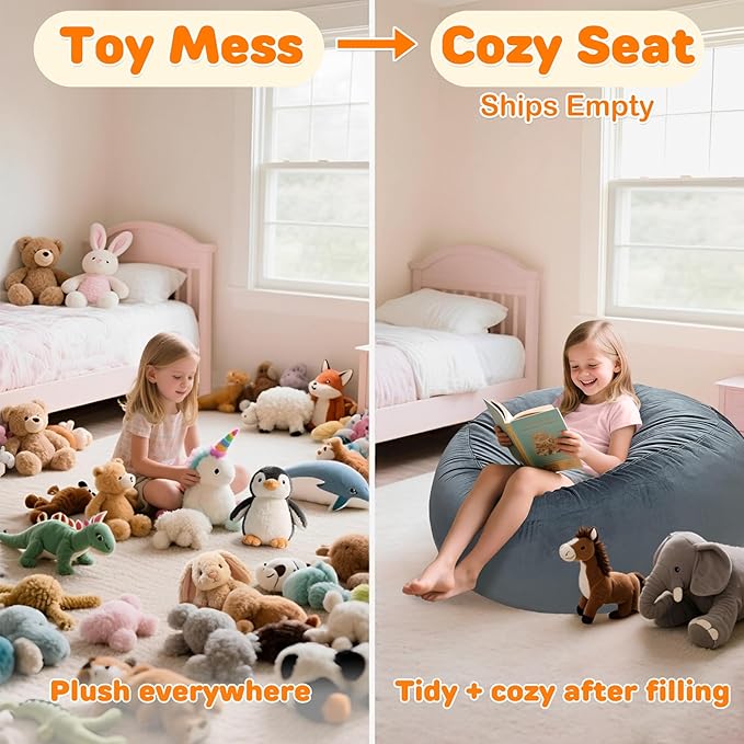 Lukeight Stuffed Animals Storage Bean Bag Chair Cover Only (Ships Empty, No Filling) - Velvet YKK Zipper Beanbag Cover for Big Kids and Teens, Washable Plush Toy Organizer, XX-Large 36" D x 20" H