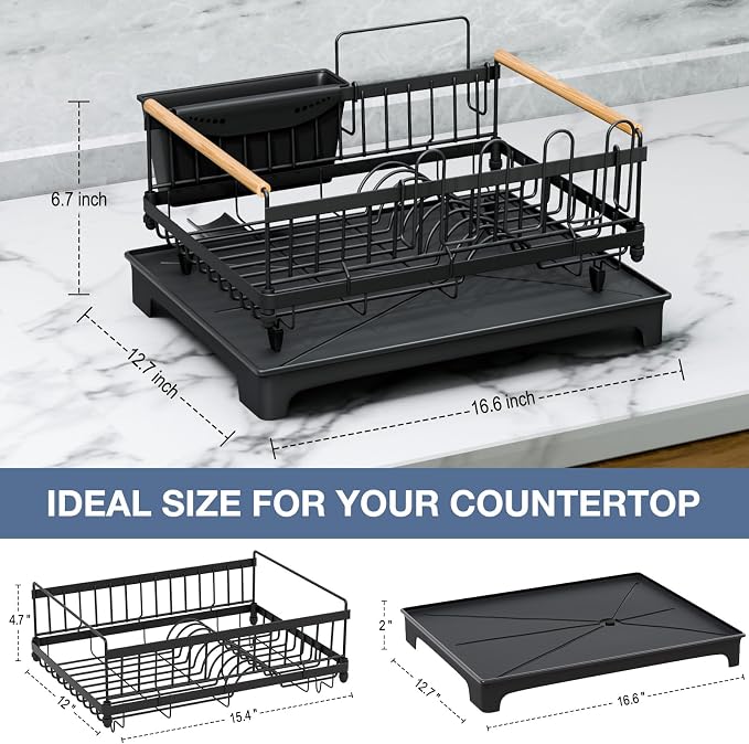 Dish Rack for Kitchen Rustproof Steel Dish Drying Rack for Kitchen Counter Anti-Rust Dish Strainer with Drainboard, Cup Holder, Utensil & Cutting Board Organizer, Heavy Duty Metal | Holds 12 Dishes, Drainboard Set, Cutlery Holder, Rust Resistant, Space...