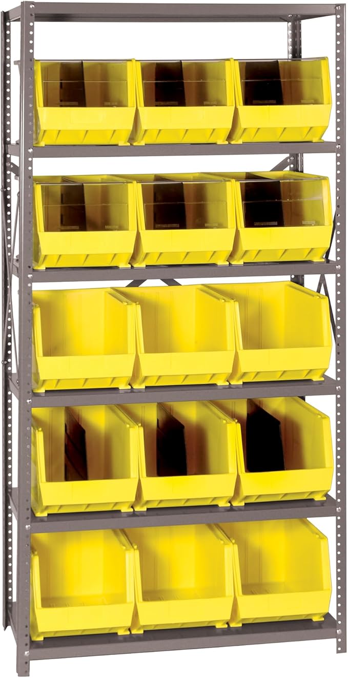 Quantum Storage Systems QSBU-260YL Giant Open Hopper Steel Shelving System, 18" D x 36" W x 75" H, with 6 Shelves and 15 QUS260 Bins, Yellow