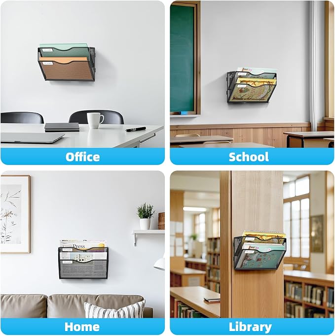 Marbrasse Wall File Holder 2-Tier Hanging Wall File Organizer, Mesh Mail Holder for Papers, Wall Mount File Clipboard & Magazine Organizer Great for Office Home (Black)