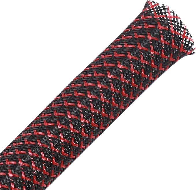 100ft - 1/4 inch PET Expandable Braided Sleeving – BlackRed – Alex Tech Braided Cable Sleeve
