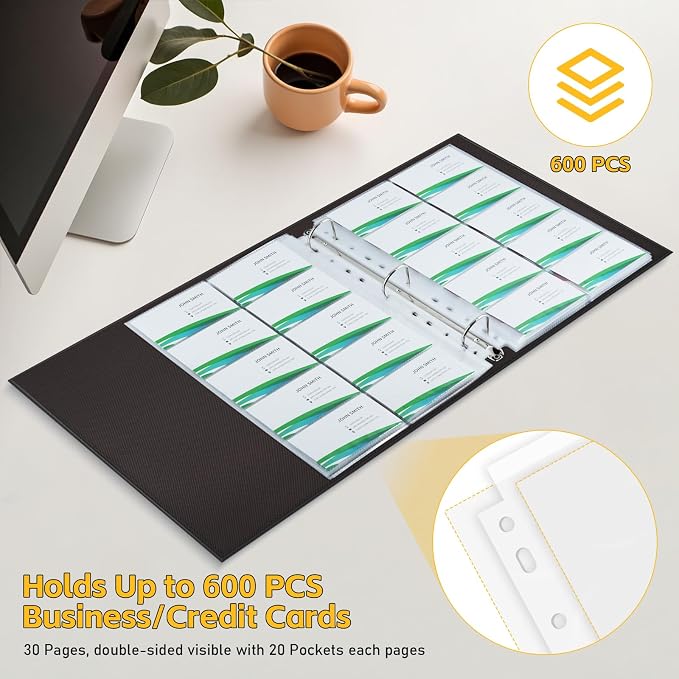 BYSTER A4 Business Card Binder, PU Leather Organizer with 30 Pack Sleeves (600 Pockets), Business Card Holder Book for Credit Cards, Membership Cards, and More - Black