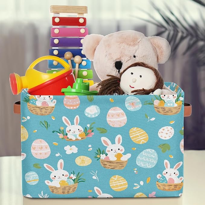 Cube Storage Bins for Shelves, Cute Easter Bunny Basket Egg Print Collapsible Fabric Toys Storage Basket Box with Handles for Home Office Bedroom Closet