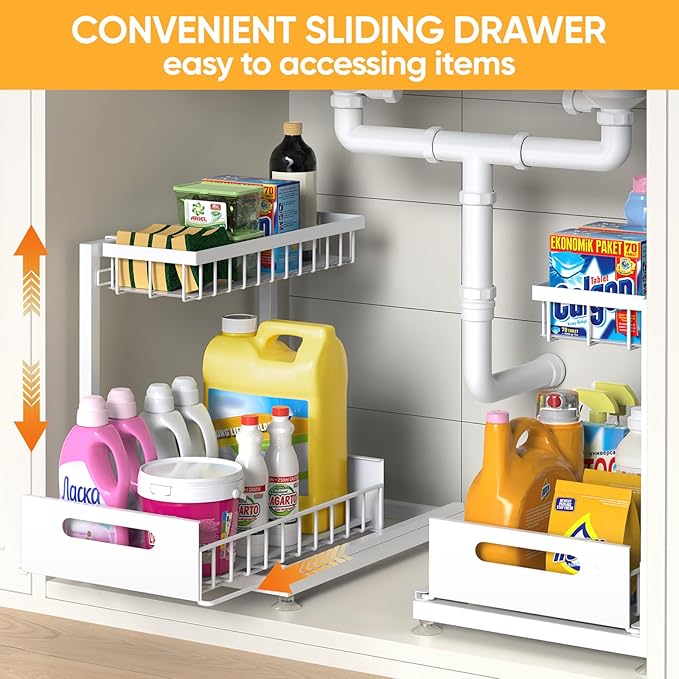 Saydear Under Sink Organizer Storage 2-Tier Premium Metal Pull-Out Kitchen Cabinet Organizer with Sliding Drawer, Height Adjustable, Heavy Duty for Kitchen & Bathroom Organizers 2 Pack White