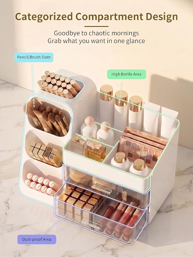 Booklov Large Makeup Organizer for Vanity Countertop, White | Clear Acrylic Cosmetic Display Case, Beauty Brush Holder for Bathroom Counter, Make Up Skincare Lipsticks Storage