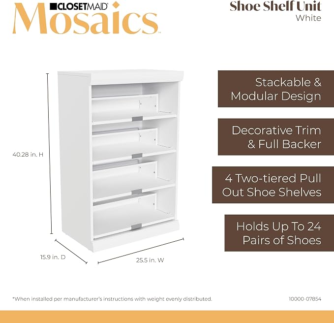 ClosetMaid Mosaics Storage Organizer Kit Includes; (1) Shelf & Door Unit, (1) 3-Shelf Unit, (1) Shoe Shelf Unit, (1) 4-Drawer Unit, and (2) Shelf & Rod Units, White