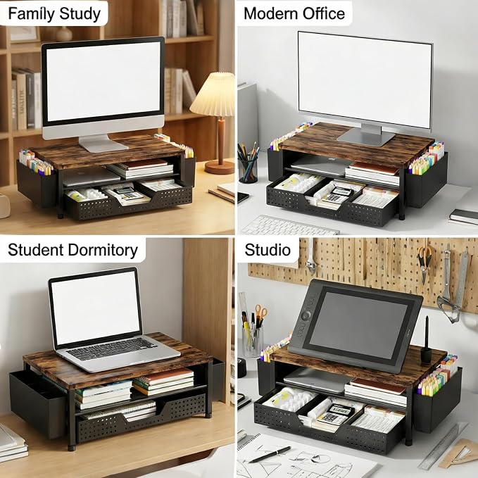 LEKETREE Wood Desk Organizer, 2-Tier Computer Monitor Stand Riser with Storage Drawer and 2 Pen Holders, Laptop & Printer Stand, Shelf for Top of Desk (Rustic Brown)