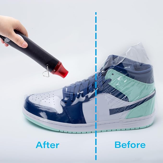 Shrink Wrap Bags Kit with 18x 11 Inches Shoe Heat Shrink Wrap Bags x 50 Pcs, Mini Heat Gun x 1 for Shoe Books Storage Avoid Sole Yellowing and Keep Dust Away