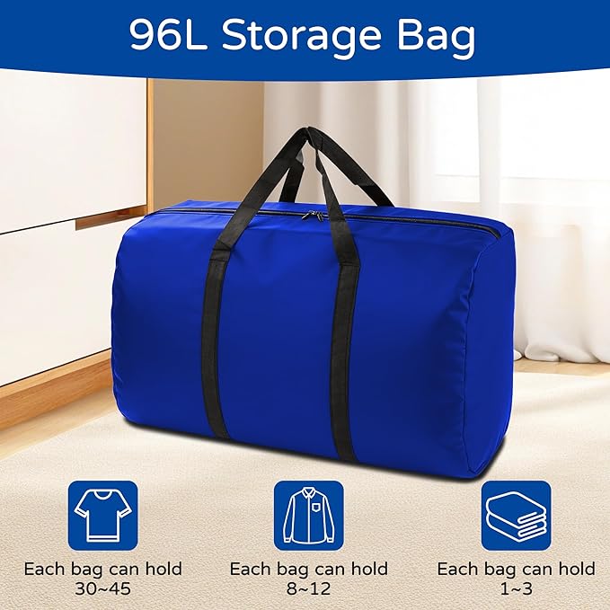 4 Pack 96L Extra Large Moving Bags with Zippers & Carrying Handles for Storage, Packing, Traveling, Camping, Langdry, Big Heavy Duty Moving Totes Bags for Clothes, Supplies and Space Saving Blue