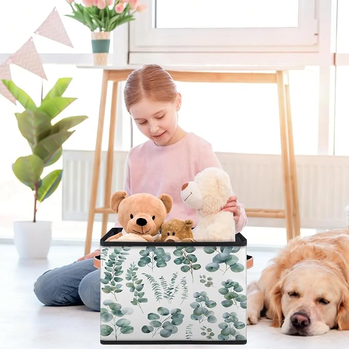 Green Eucalyptus Leaves Closet Storage Bin, Foldable Storage Baskets for Shelves, Decorative Shelf Organizer Eucalyptus Leaves Fabric Cube Bin for Living Room Bedroom Home Dorm