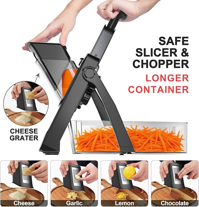 QYKIC Upgrade Safe Mandoline Slicer,Vegetable Chopper,Potato Slicer, Onion Chopper with Drain Basket Storage Container, Cheese Grater Kitchen Chopping Artifact (DeepBlack)