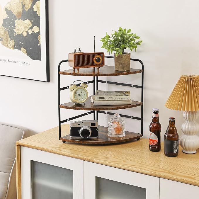 IBUYKE Corner Shelf,Wood Kitchen Spice Organizer,Brown TWJ002H | Bathroom Counter Organizer 3-Tier Spice Rack for Small Spaces Cosmetic Storage Perfume Holder Adjustable Height