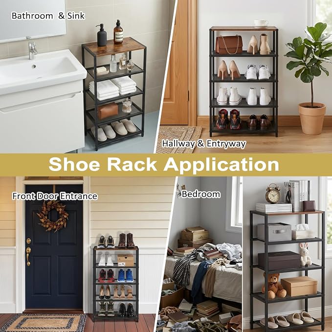 Tall Narrow Shoe Rack for Entryway Closet,5-Tier Shoe Storage Shelf | Small Vertical Shoe Organizer Wood, Sturdy Metal Mesh Shelves, Wooden Table Top, Holds 10 Pairs, for Front Door Entrance
