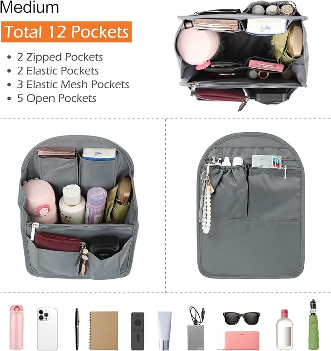 Surblue Backpack Organizer Insert Liner Hanging Travel Rucksack Purse and Handbag Insert Pocket, High-capacity Divider Foldable Nylon Shoulder Bag Organizer for Men and Women, (Grey, M)
