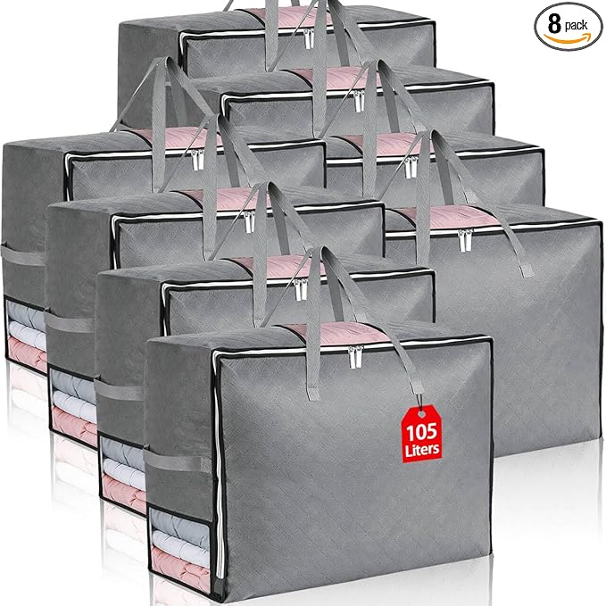 8 Pack 105L Extra Large Comforter Storage Bag, Foldable Bedding Storage Blanket Moving Bags for Clothes Pillows Sweater Dorm, Linen Closet Organizers with 4 Handles & 3 Clear Windows, Grey