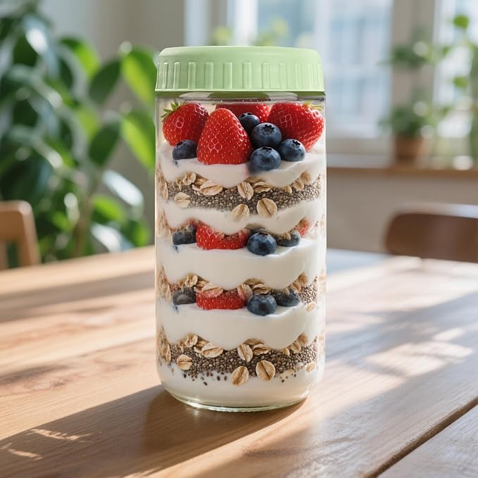 SHOWIN Overnight Oats Containers with Lids, 24oz Glass Jars with Lids 4 pcs, Light Green, Wide Mouth Mason jars for Salad, Yogurt, Snacks, Meal Prep