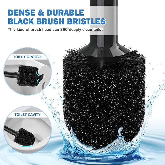 Toilet Plunger and Brush, Bowl Brush and Heavy Duty Toilet Plunger Set with Ventilated Holder, 2-in-1 Bathroom Cleaning Combo with Modern Caddy Stand for 5.7-inch Toilet Drain(Black, 2 Set)