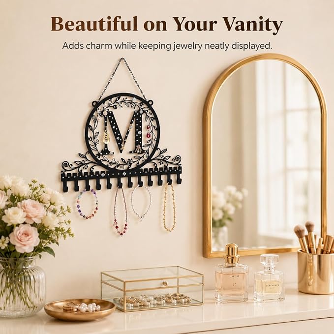 Personalized Wall Mounted Metal Initial Letter M Earring Holder Jewelry Organizer for Earrings and Necklaces Space Saving Wall Display with Hooks Jewelry Storage Bedroom Vanity Gift for Women