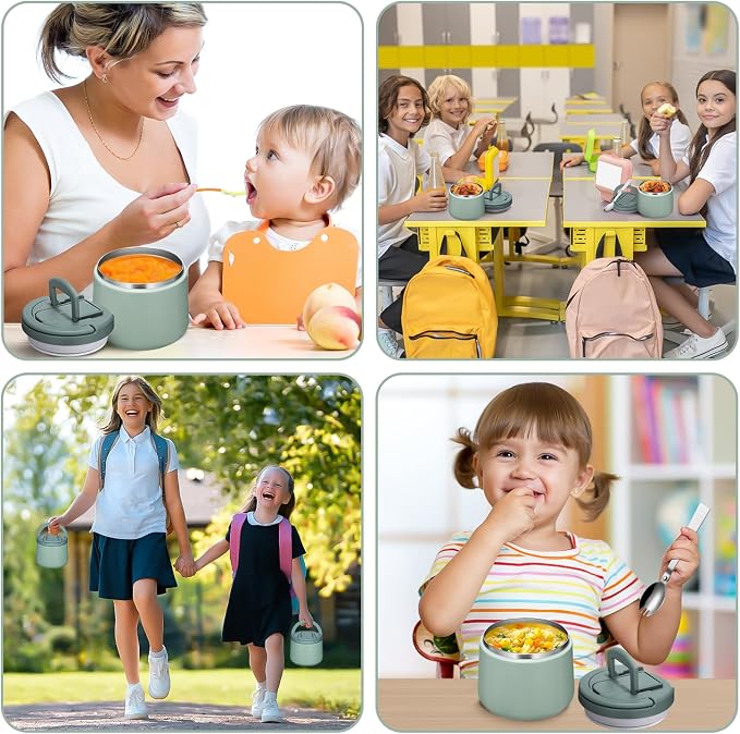 Itslife Soup Thermo for Hot Food Kids 25.5oz Lunch Containers with Buckle Lid Wide Mouth Hot Food Jar Vacuum Insulated Stainless Steel Bento Box Leakproof with Spoon (Green3, 14oz)