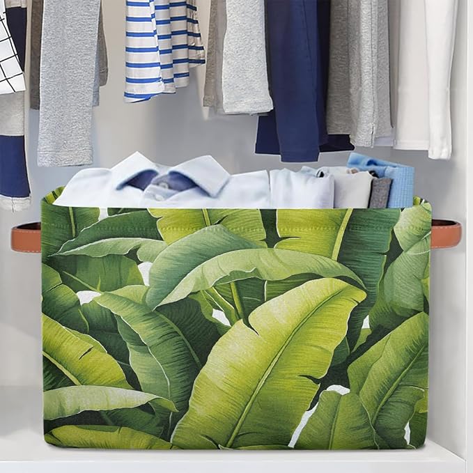 Cube Storage Bins for Shelves, Banana Leaf Collapsible Fabric Toys Storage Basket Box with Handles for Home Office Bedroom Closet