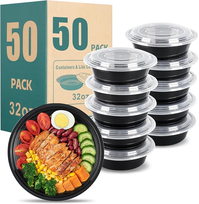 32oz Take Out Containers with Lids, 50 Pack, Black | BPA-Free Disposable Meal Prep Containers, Stackable Bento Boxes, Microwave Safe Bulk Lunch Food Containers