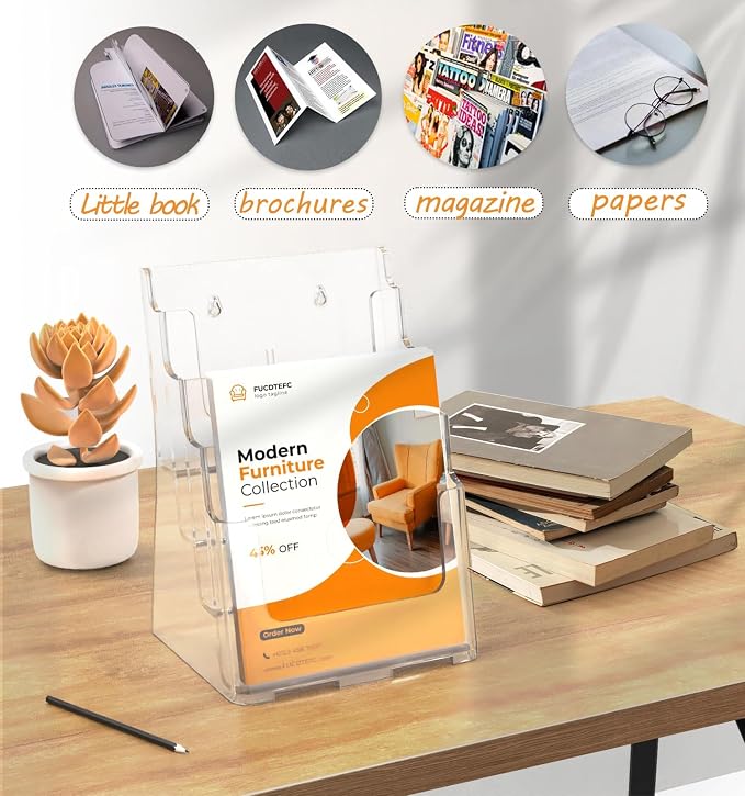 FUCDTEFC 2 Pack Acrylic Brochure Holder 8.5x11 & 4 x9 Inches, Clear 4 Tier Magazine Holder Brochure Display Stand w Removable Divider, Literature Pamphlet Flyer Holder for Wall Mount or Countertop