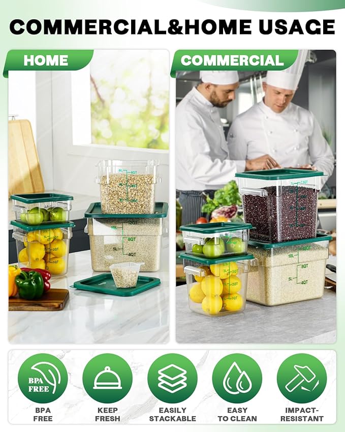 8QT NSF Food Storage Containers: 6PCS [Food Grade][Hot&Cold Resistant] Commercial Clear Food Storage Containers with Lids for Restaurant Kitchen Proof Dough, Measuring Spoons Included(GREEN, N)