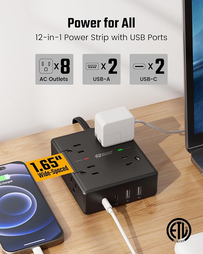 SUPERDANNY Extension Cord,Flat Plug Surge Protector Power Strip,20Ft | 8 AC & 4 USB Ports (2 USB C),Surge Protector with 1050J,Desk Charging Station for Home Office,College Dorm Room Essentials