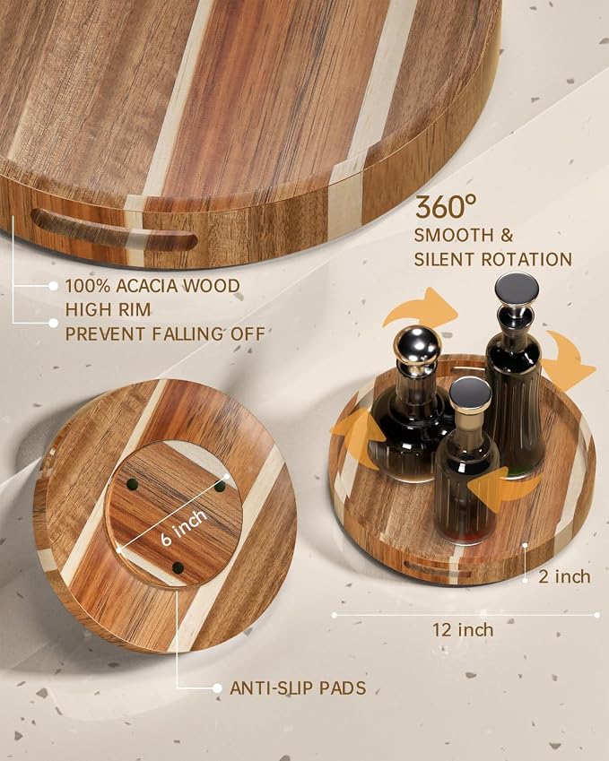 12" Acacia Wood Lazy Susan Turntable Organizer, Double Handle Cabinet Organizer with High Rim，Round Wooden Lazy Susan for Table Top Cabinet Pantry Countertop Cupboard Organization