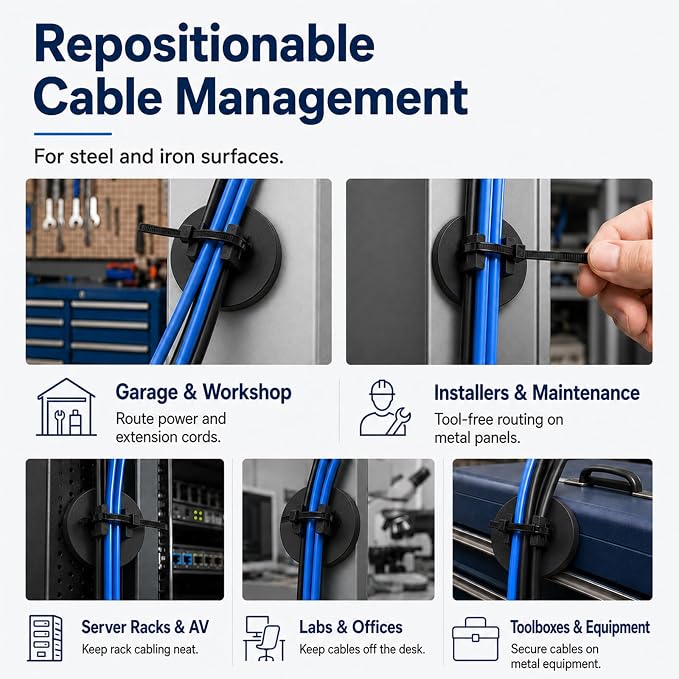 20 Pcs 43 mm Magnetic Zip Tie Mounts with 200 Black Zip Ties, 25 lb Vertical Pull Force Extra Large Magnetic Cable Clips, Wide Magnet Wire Holder Bases for Cable Management on Steel Surfaces