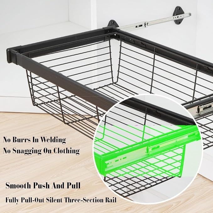 Closet Pull-Out Basket,Stackable Storage Bins,Stainless Steel Stackable Shelf Baskets Organizer,Adjusted Width for Bedroom Office Bathroom(16.53-18.5in)