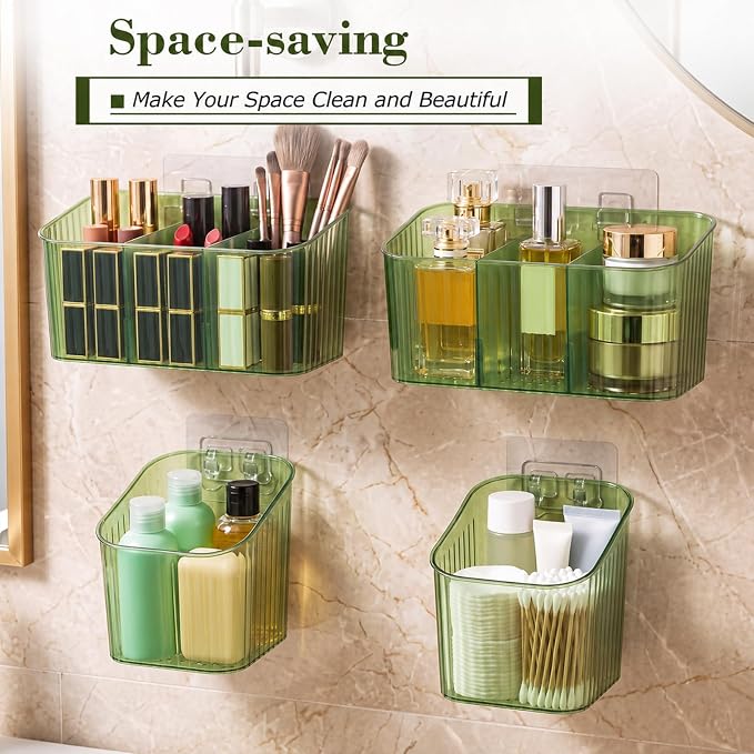 14 Pack Cabinet Door Organizer Adhesive Wall Mount Storage Bins Makeup Containers Stackable Organizer Basket for Kitchen Cabinets, Bathroom, Pantry, Office, Refrigerator (Frosted Green)