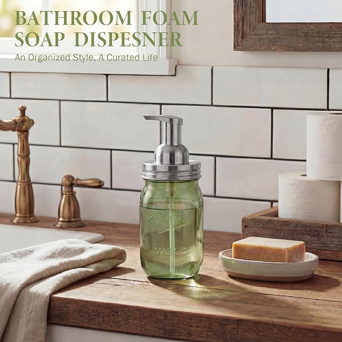 Amolliar Plastic Mason Jar Foaming Soap Dispenser Pump Lid, 16oz Foam Soap Dispenser with Cute Lables - Green Refillable Hand Soap Dispenser for Bathroom Kitchen Shower (2 Pack, Silver)