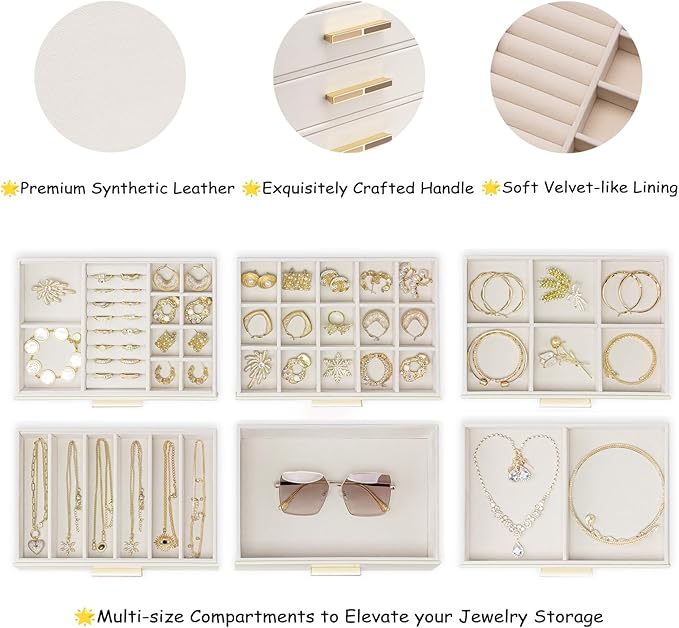 VLANDO 6-Drawer Jewelry Box with Glass Lid, Faux Leather Organizer for Rings Earrings Necklaces and More, Gift-Ready Jewelry Case for Women Girls or Moms, Beige