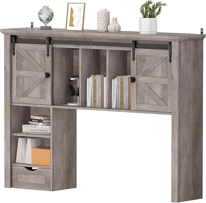 Large Desktop Bookshelf with Sliding Barn Door, 47.2''W Desk Shelf Display Rack, Desktop Organizer Storage Rack with 7 Cubbies and Drawer, Home, Desk Shelf for Office, Dorm, Vanity, Oak