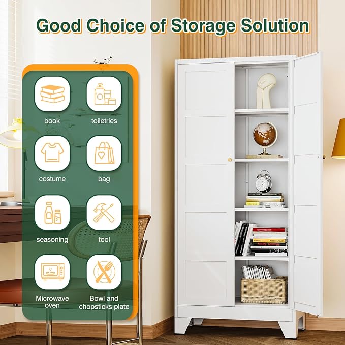 Letaya 71" H Metal Storage Cabinet with 2 Doors and 4 Shelves,Tall Kitchen Pantry Cabinets,Utility Pantry Organizers for Cupboard/Dining/Bathroom/Home Office/Garage (White, 71" H x 16" D x 32" W)