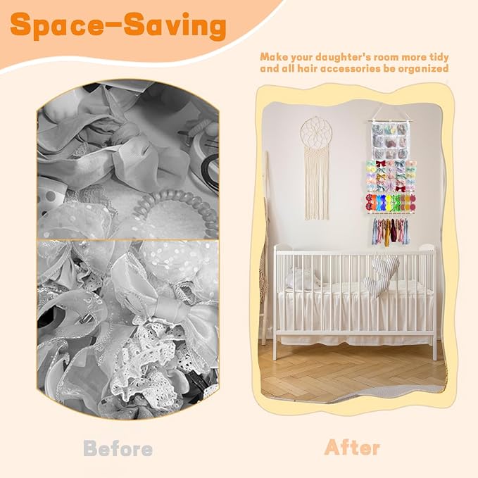 Headband Holder Hair Bows Organizer for Girls, Large Capacity Bow Holder, Pre-Assembled Hair Accessories Wall Hanging Organizer for Toddler Baby Girl Nursery Room Décor