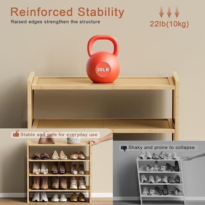 4 Tier Bamboo Shoe Rack, Tall Wood Shelf for Closet | 4 tiers maximize vertical space. 6.7in height fits boots. Great for living room, closet, balcony.