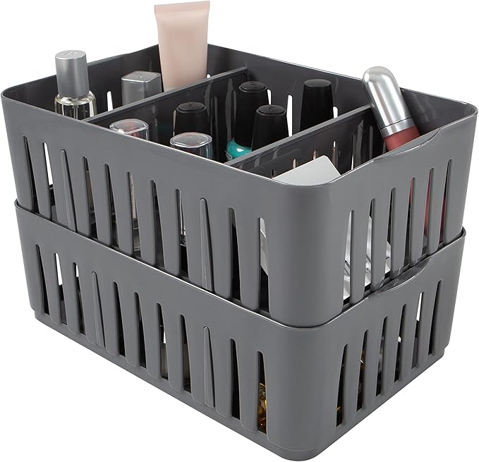 Simplify 2 Pack Compartment Stackable Bin with Adjustable Dividers | Drawer Organizer | Storage Basket | Good for Office | Desk Supplies | Dorm | Bathroom | Accessories | Make Up | Grey